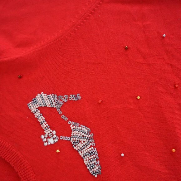 Quacker Factory Red Beaded High Heels Button Up Cardigan Sweater Retro Beaded L - Picture 9 of 10